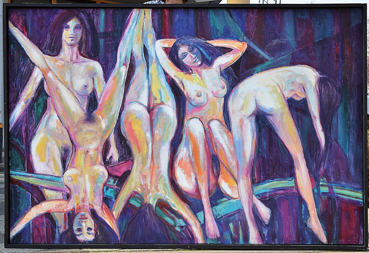 Detail k: Gernot Rasenberger, geb. 1943 Frankfurt/M., Studium an der Düsseldorfer Akademie, Hier: Acryl/Lwd, 5 weibliche Akte, sign., ca. 140x200 cm