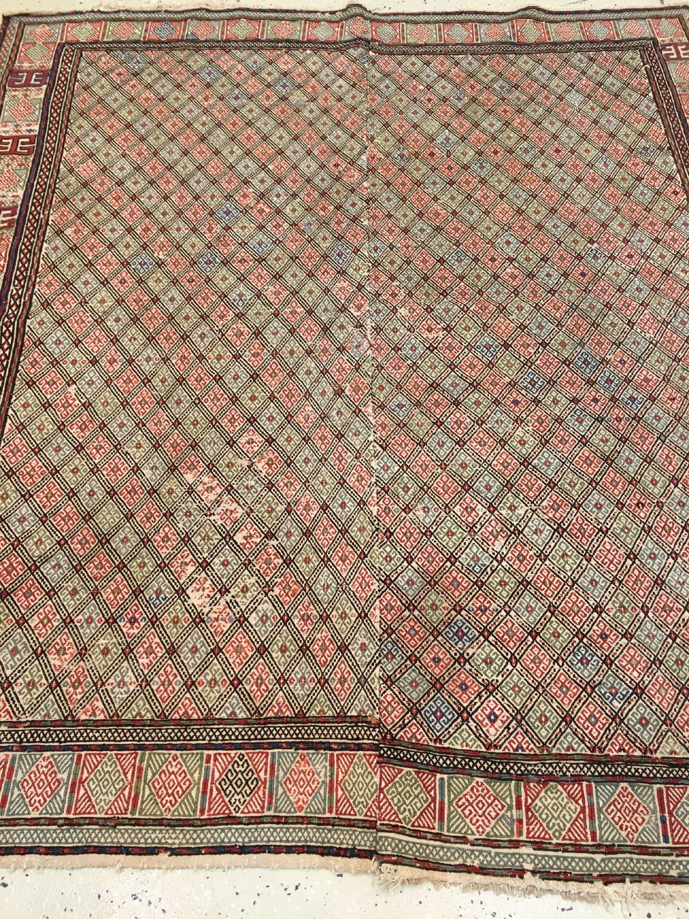 Detail a: Feiner Azeri "Verneh" antik, Südkaukasus Azerbaijan, 19.Jhd., Wolle gewebt auf Wolle. Fein gewebte Azeri Verneh mit broschier-Technik ...