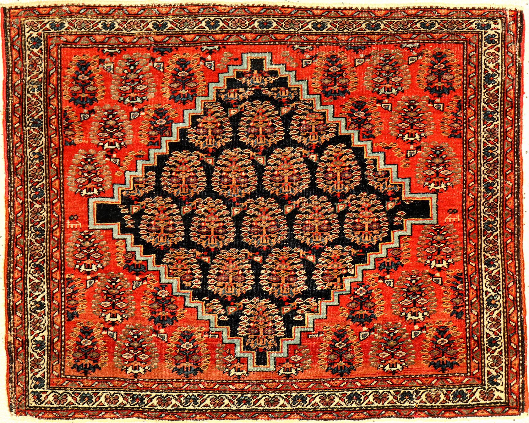 Farahan antik, Westpersien, Ende 19.Jhd., Wolle geknüpft auf Baumwolle. Farahan Poshti mit Boteh Motiven, ca. 80 x 65 cm, EHZ: 2-3 (leichte ...
