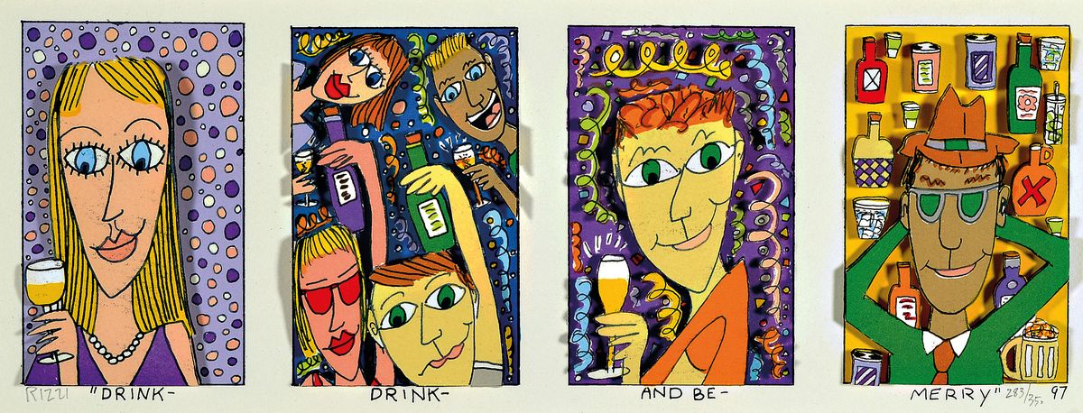 James Rizzi, 1930-2011, "Drink Drink and be Merry", 3D-Konstruktion, handsign., num. 283/350, dat. 97, unter Glas gerahmt, gesamt ca. ...