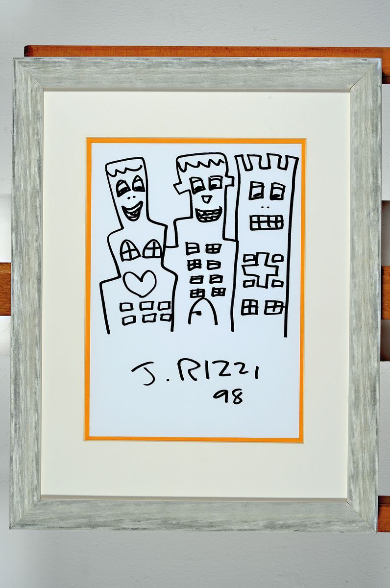 Detail k: James Rizzi, 1930-2011, Filzstiftzeichnung handsign., dat.98, unter Glas gerahmt, gesamt ca. 44,5x34,5 cm