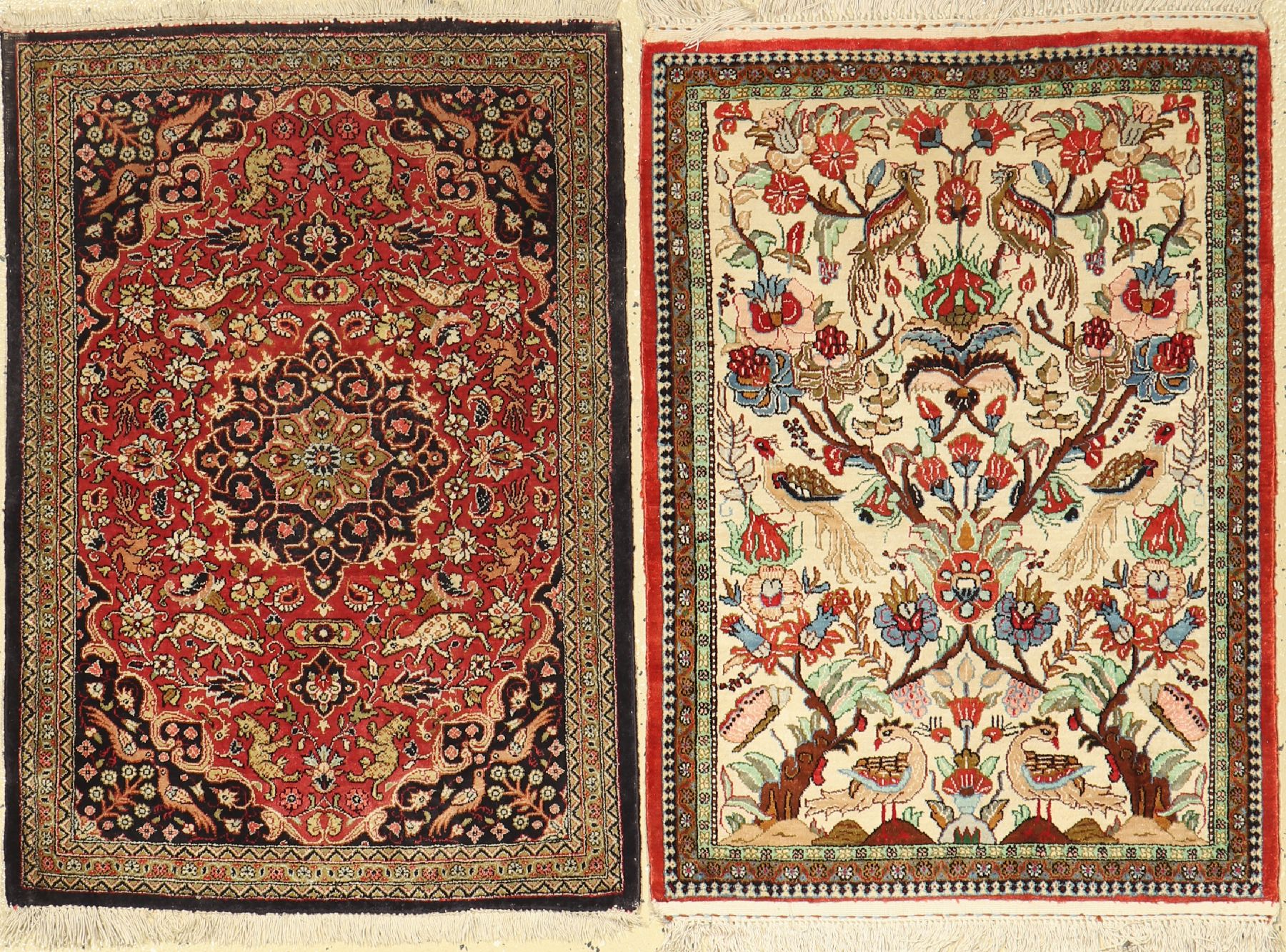 Ghom Seide 2xTeppiche, Persien, ca. 50 Jahre, Naturseide, ca. 80 x 55 und 80x56 cm, EHZ: 2-3