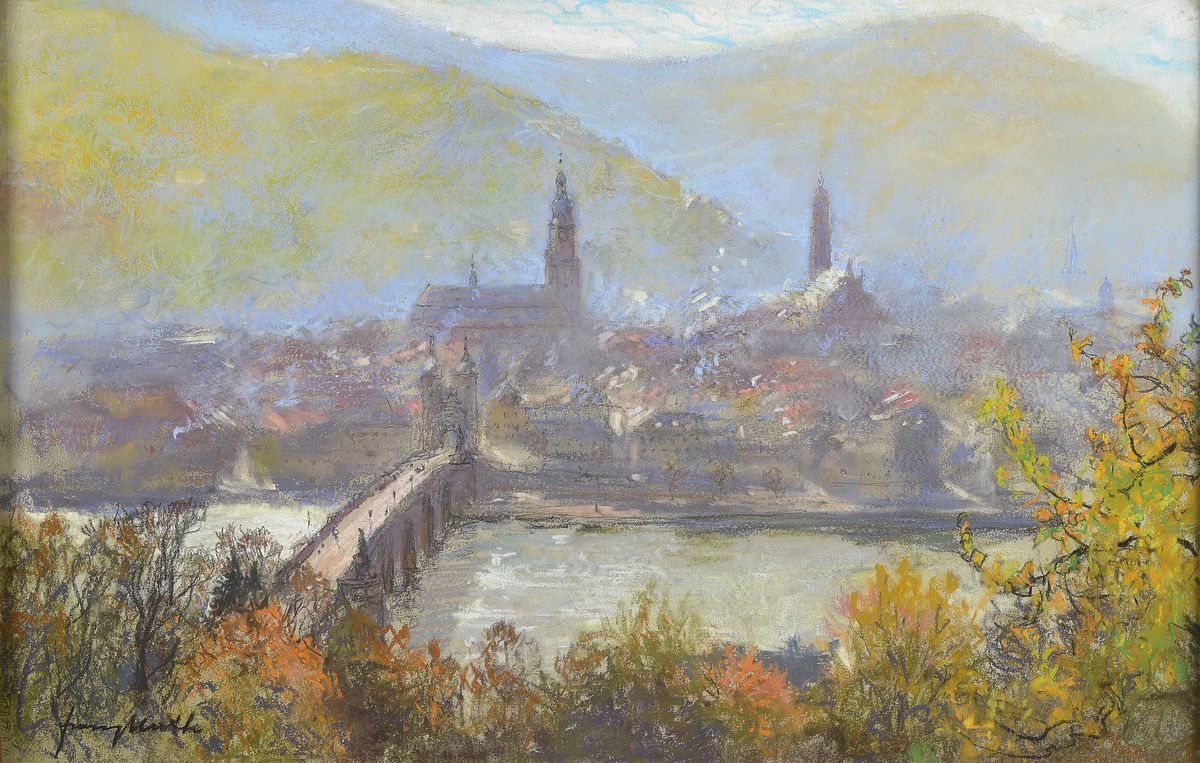 Franz Muth, 1. Hälfte 20. Jh., Blick auf die Stadt Heidelberg mit Neckar, Pastell/ Papier, li. u. signiert, ca. 30 x 47 cm unter Glas, Rahmen, 38.5 ...