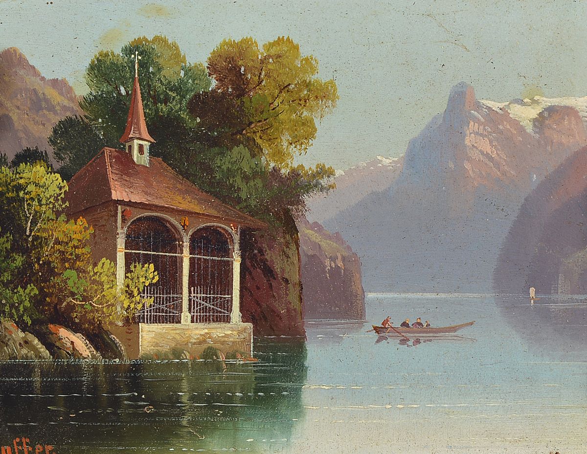 Hubert Sattler, Pseudonym Stauffer, Vierwaldstätter See mit der Tellskapelle im Vordergrund, Öl/Holz, signiert, 11 x 15 cm, Prunkrahmen besch.