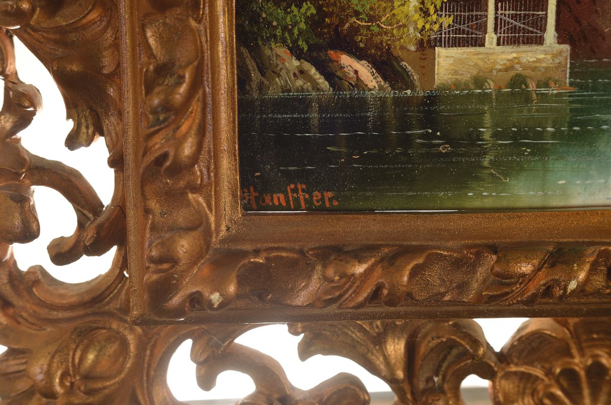 Detail a: Hubert Sattler, Pseudonym Stauffer, Vierwaldstätter See mit der Tellskapelle im Vordergrund, Öl/Holz, signiert, 11 x 15 cm, Prunkrahmen besch.