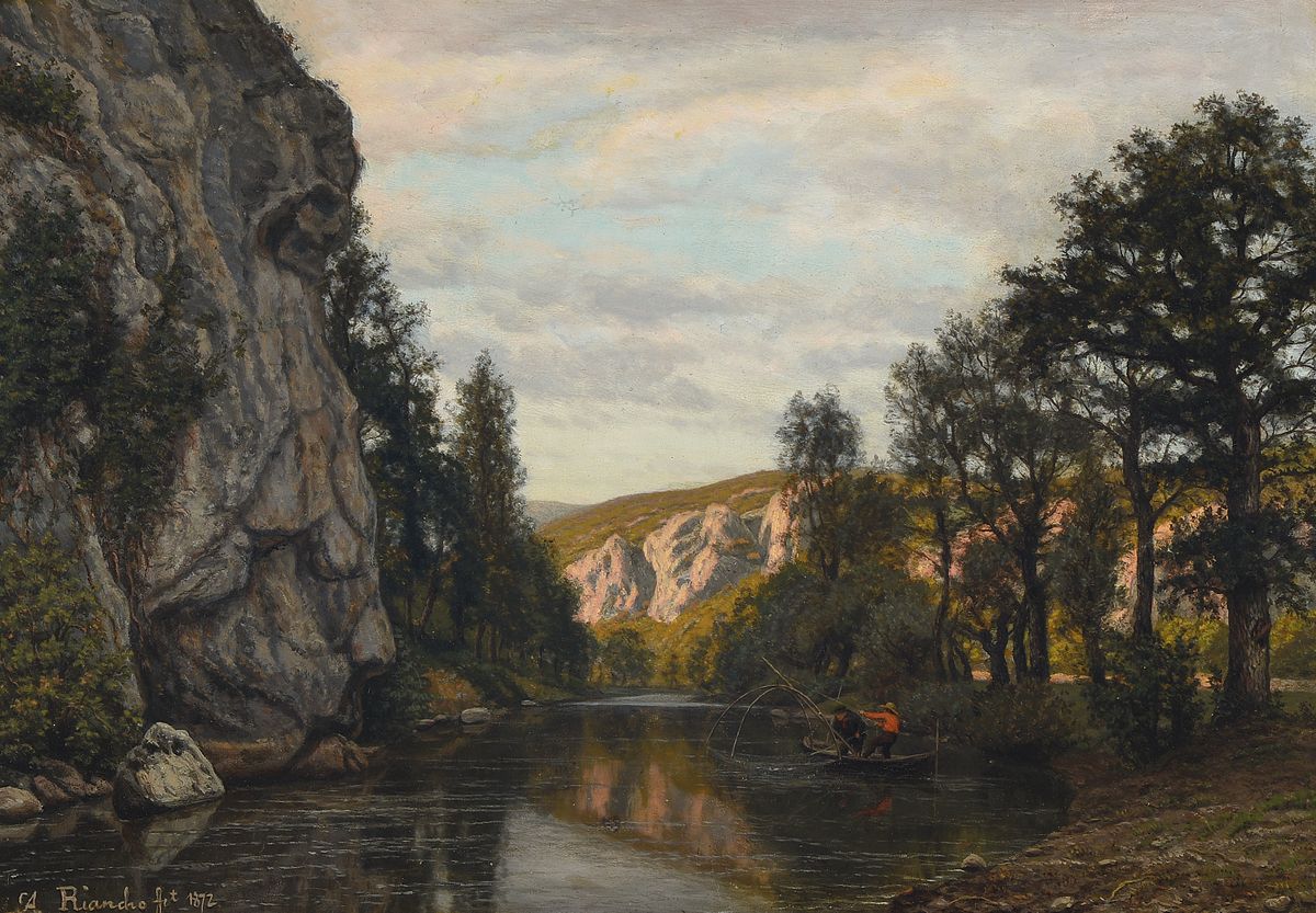 Agustin Riancho y Mora, 1841-1929, SpanischeSchule, Öl/Holz, Angler an felsiger Seelandschaft, gekonnte Wasserspiegelung, hervorragende Darstellung ...