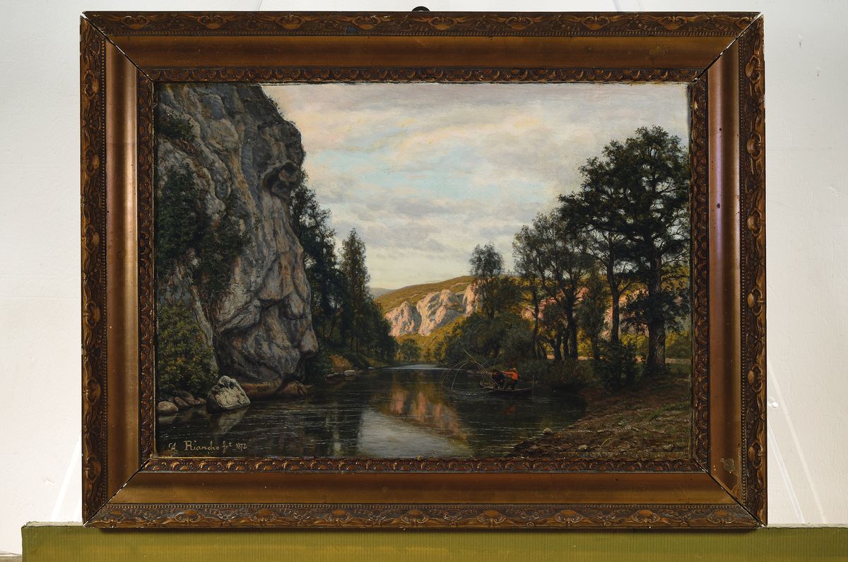 Detail k: Agustin Riancho y Mora, 1841-1929, SpanischeSchule, Öl/Holz, Angler an felsiger Seelandschaft, gekonnte Wasserspiegelung, hervorragende Darstellung ...