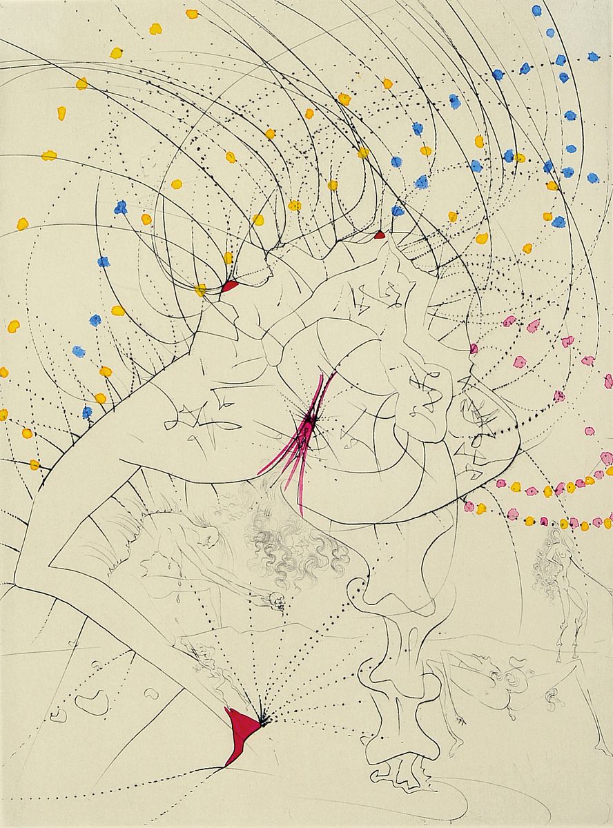 Salvador Dali,1904-1989, Radierung aus Venus im Pelz, hier fenne-feuille (Blatt-Frau), Prägestempel, farbige Ausführung, ca. 31 x 23.5 cm/38 x 28 cm