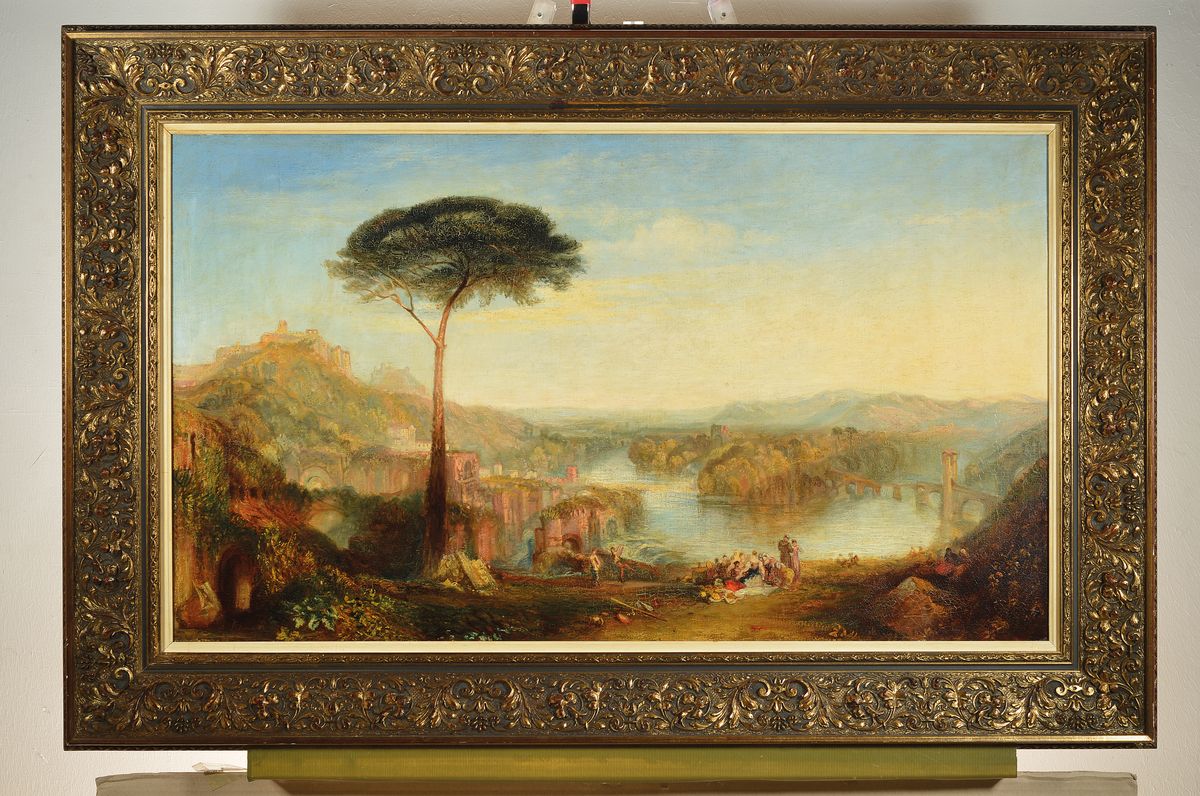 Detail k: Monogrammist AF, Roma 1858 ?, römische Landschaft mit Picknick, am See, Öl/Lwd, li. u. monogrammiert, doubliert, l. rest., 53 x 91.5 cm, Rahmen: 74 ...