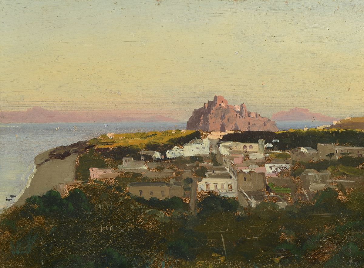 Carl Wuttke, 1849 Tebnitz - 1927 München, Blick auf Lagune d'Ischia, Öl/Holz, verso bezeichnet und signiert, 26 x 34 cm, Rahmen, leichte ...