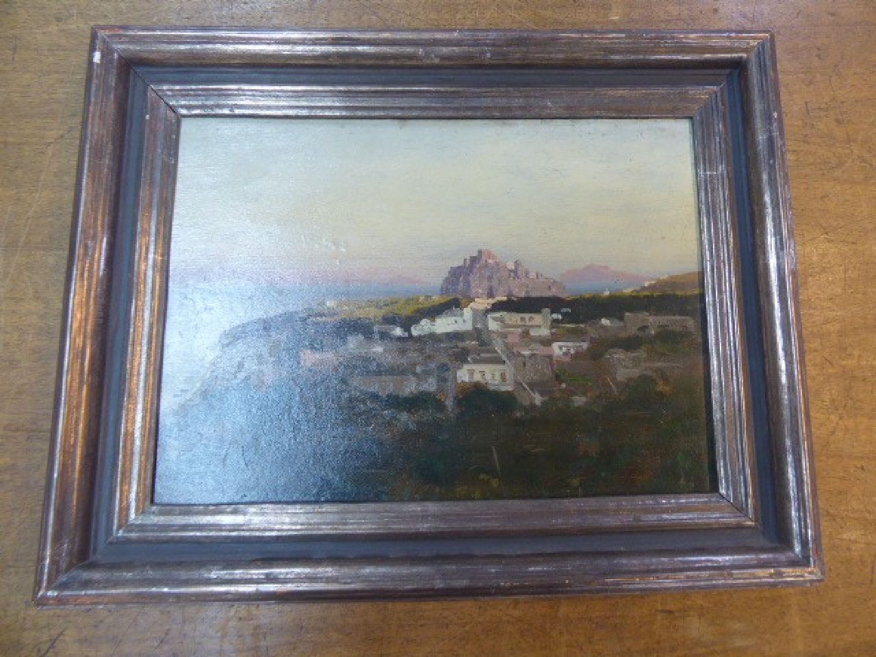 Detail c: Carl Wuttke, 1849 Tebnitz - 1927 München, Blick auf Lagune d'Ischia, Öl/Holz, verso bezeichnet und signiert, 26 x 34 cm, Rahmen, leichte ...