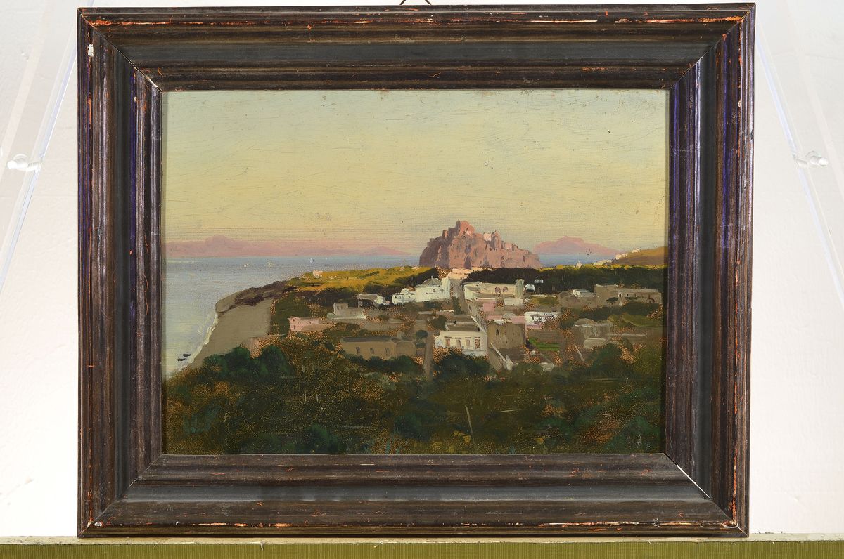 Detail k: Carl Wuttke, 1849 Tebnitz - 1927 München, Blick auf Lagune d'Ischia, Öl/Holz, verso bezeichnet und signiert, 26 x 34 cm, Rahmen, leichte ...