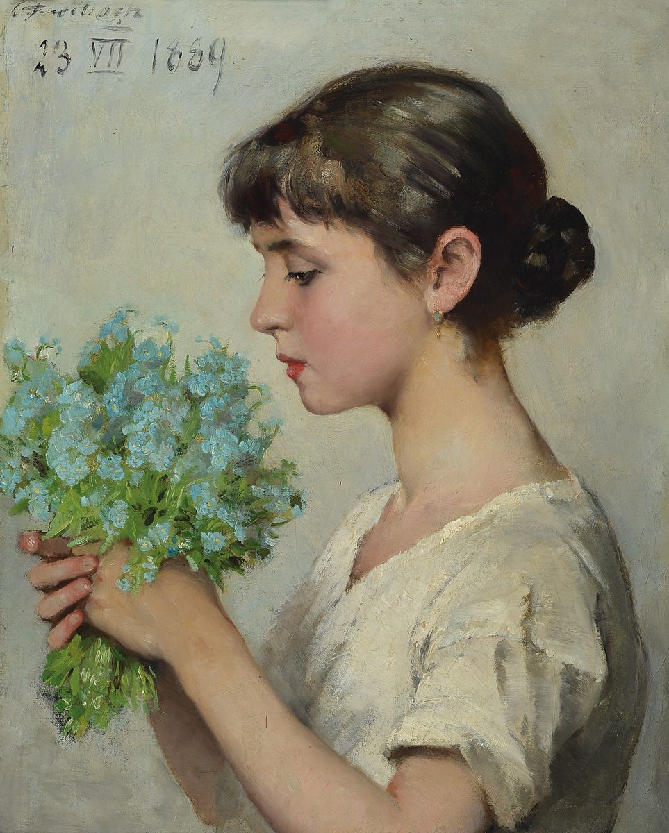 Carl Breitbach, 1833 - 1904,, Mädchen mit Vergißmeinicht, feine Malerei, sehr feine Darstellung der Hauttöne, re. u. signiert und 23.VII 1889, ca. ...