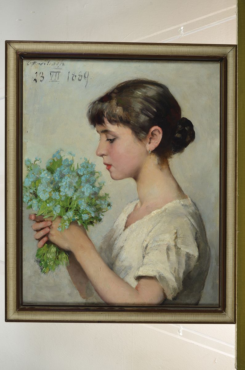 Detail k: Carl Breitbach, 1833 - 1904,, Mädchen mit Vergißmeinicht, feine Malerei, sehr feine Darstellung der Hauttöne, re. u. signiert und 23.VII 1889, ca. ...