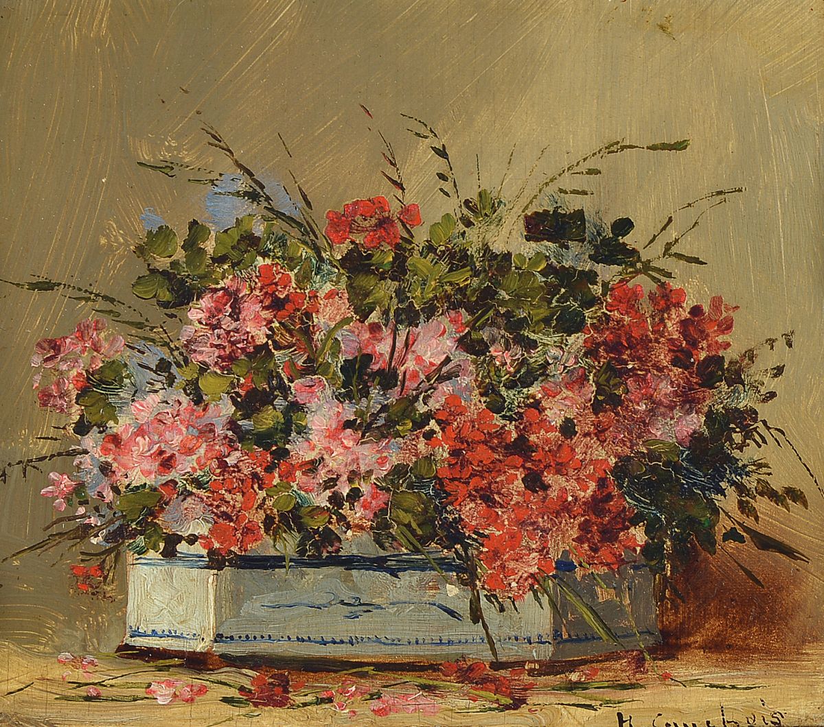 Eugene Henri Cauchois, 1850 Rouen - 1911 Paris, Blumenstillleben, Öl/Holz, signiert,13 x 17 cm, Rahmen besch.