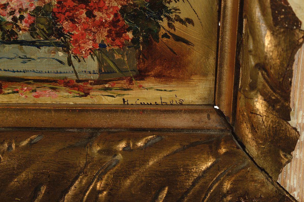 Detail a: Eugene Henri Cauchois, 1850 Rouen - 1911 Paris, Blumenstillleben, Öl/Holz, signiert,13 x 17 cm, Rahmen besch.