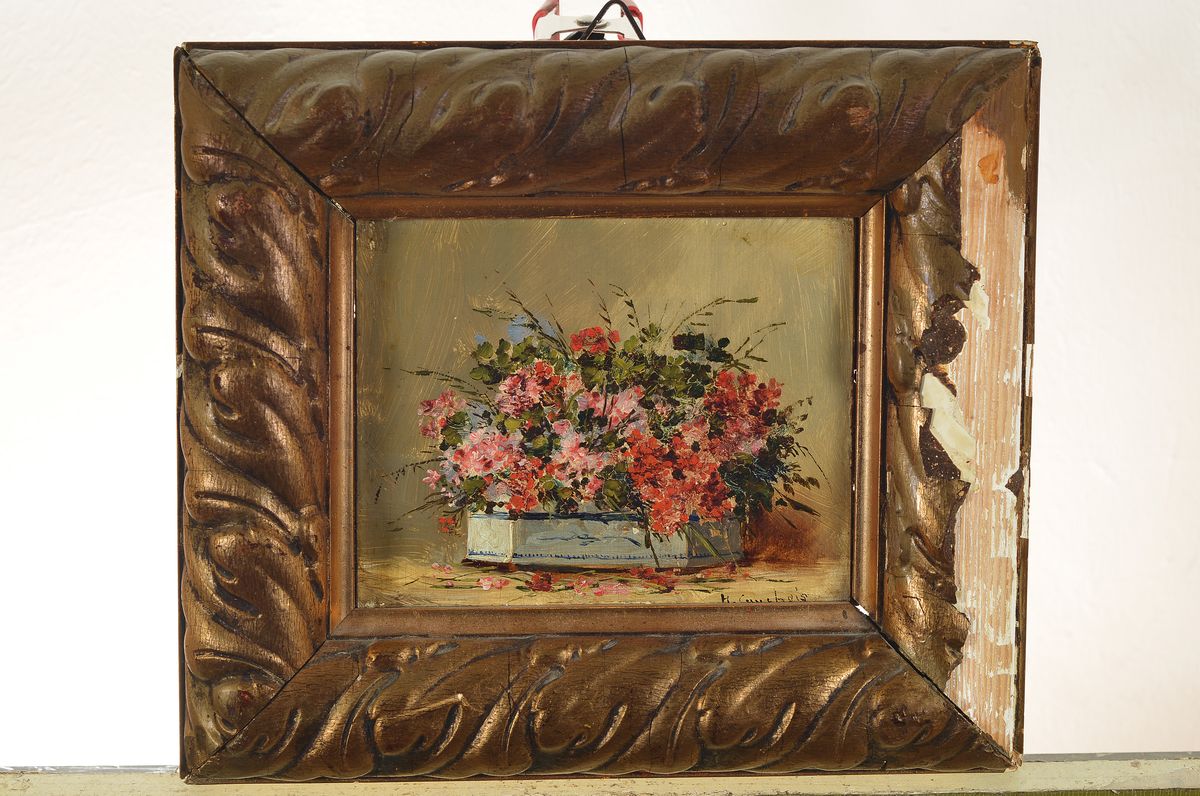 Detail k: Eugene Henri Cauchois, 1850 Rouen - 1911 Paris, Blumenstillleben, Öl/Holz, signiert,13 x 17 cm, Rahmen besch.