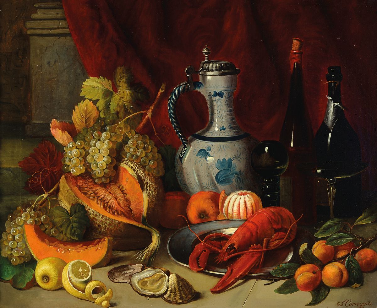 Josef Correggio, 1870-1962, Stillleben nach Renaissancevorbild,, hohe Stofflichkeit, detailreiche Darstellung, Öl/Lwd, re. u. signiert, doubliert ...