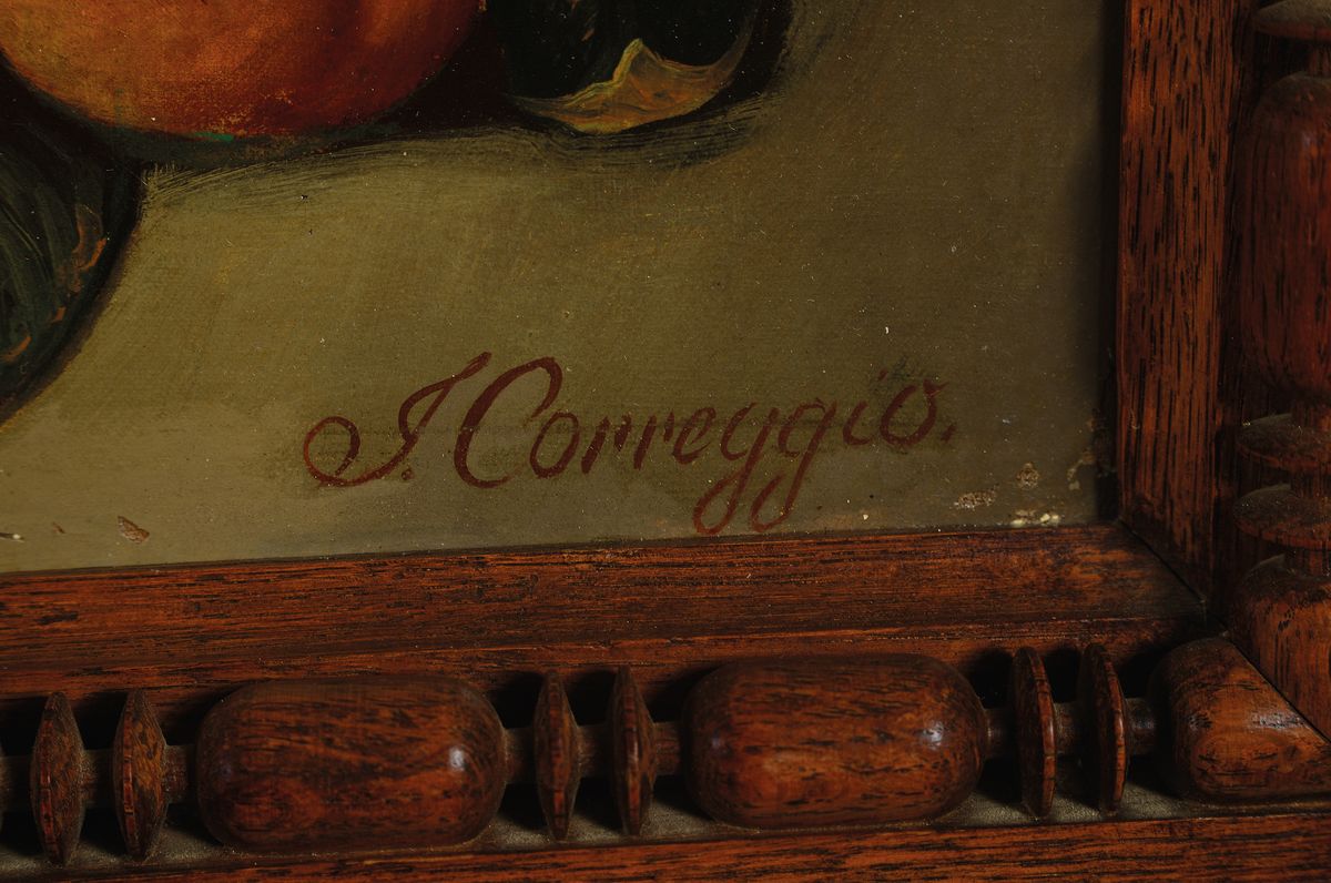 Detail a: Josef Correggio, 1870-1962, Stillleben nach Renaissancevorbild,, hohe Stofflichkeit, detailreiche Darstellung, Öl/Lwd, re. u. signiert, doubliert ...