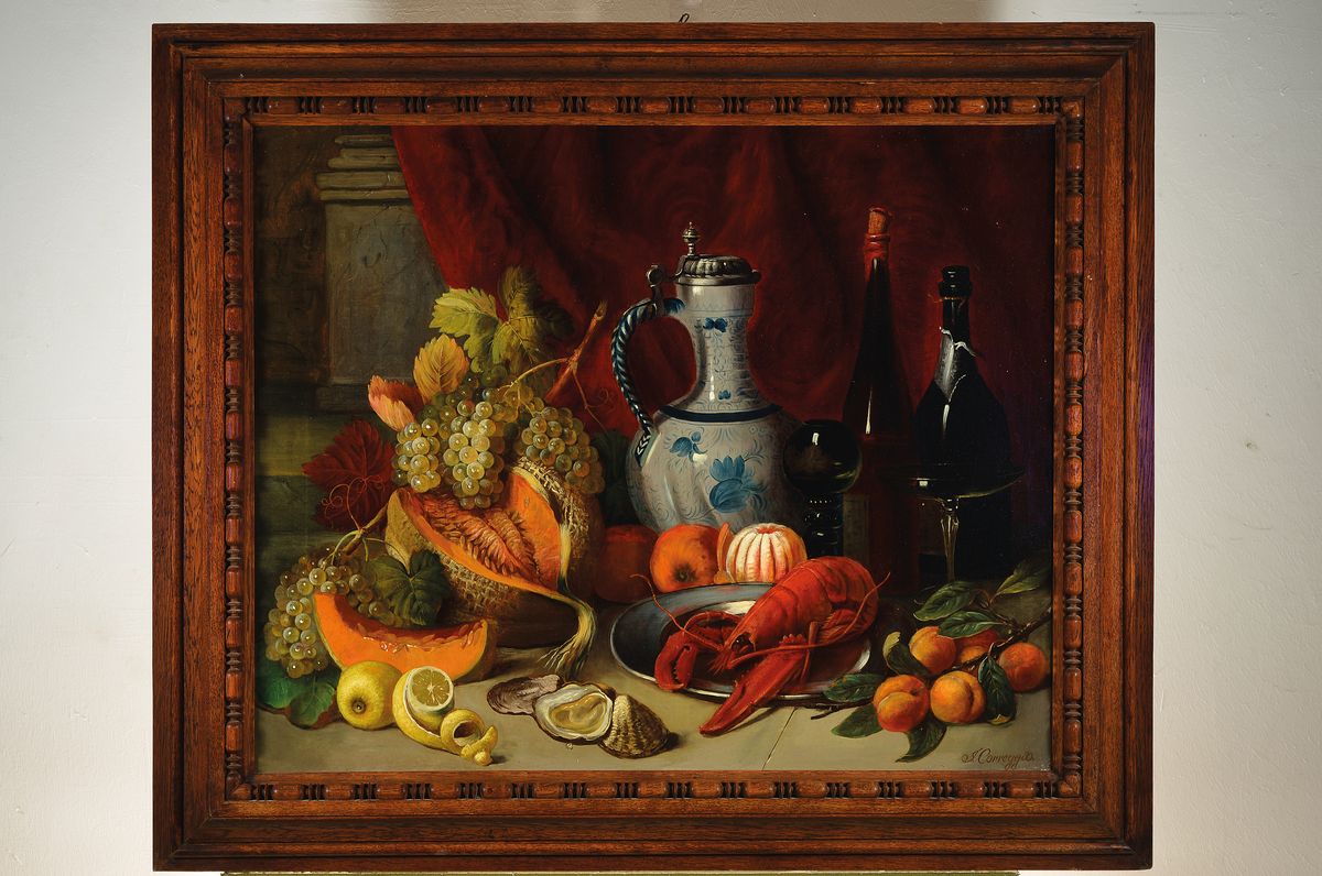 Detail k: Josef Correggio, 1870-1962, Stillleben nach Renaissancevorbild,, hohe Stofflichkeit, detailreiche Darstellung, Öl/Lwd, re. u. signiert, doubliert ...
