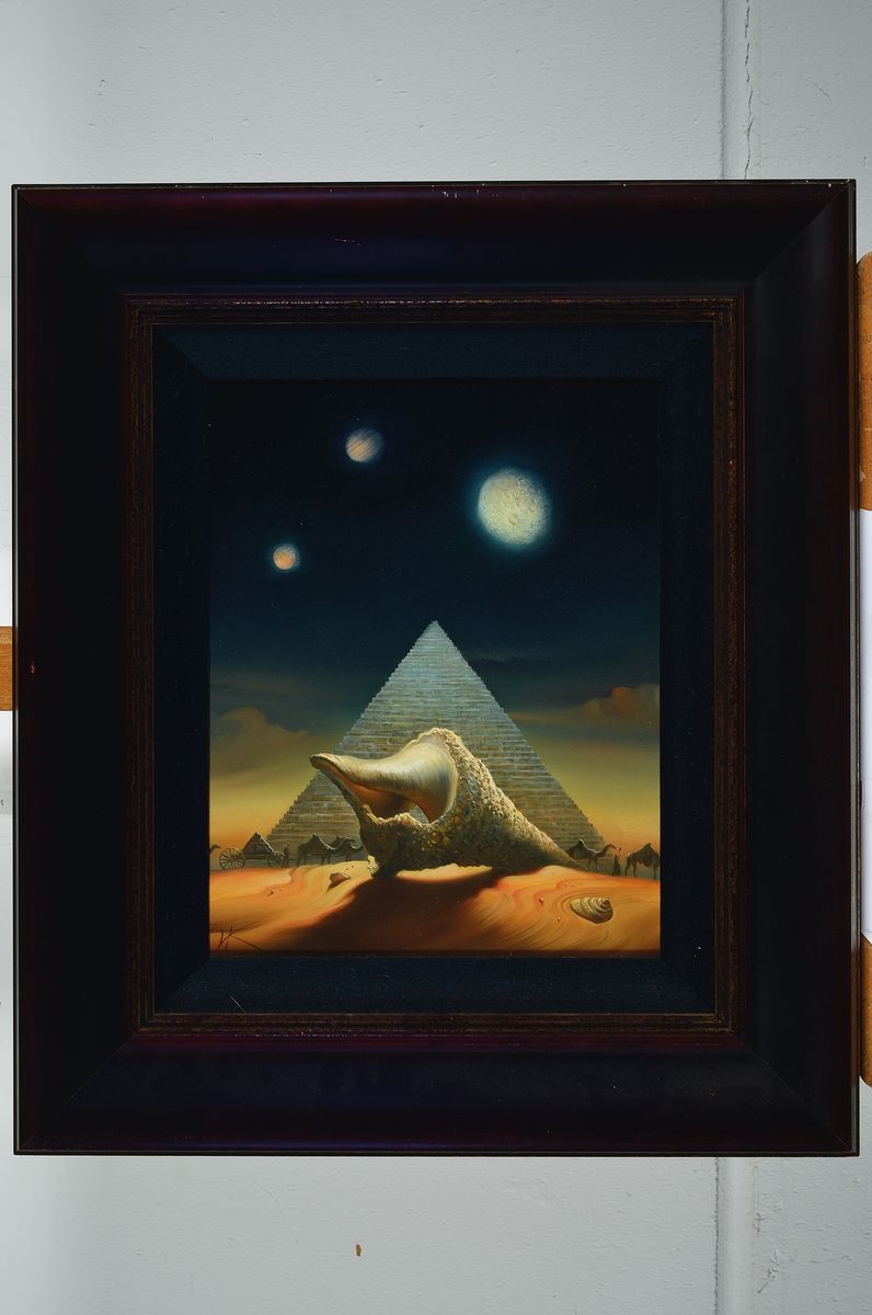 Detail k: Vladimir Kush, Muschel und Pyramide, surrealistische Darstellung, Acryl/Platte, signiert, ca. 34.5 x 27 cm, Rahmen