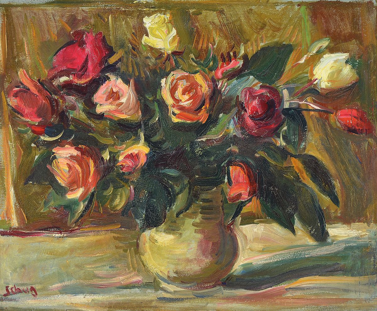 Erich Schug, 1906 Ludwigshafen-1982 Bad Dürkheim, Stillleben mit Rosen, Öl/Lwd, links unten signiert, ca. 38x46cm, R. ca. 53x60cm
