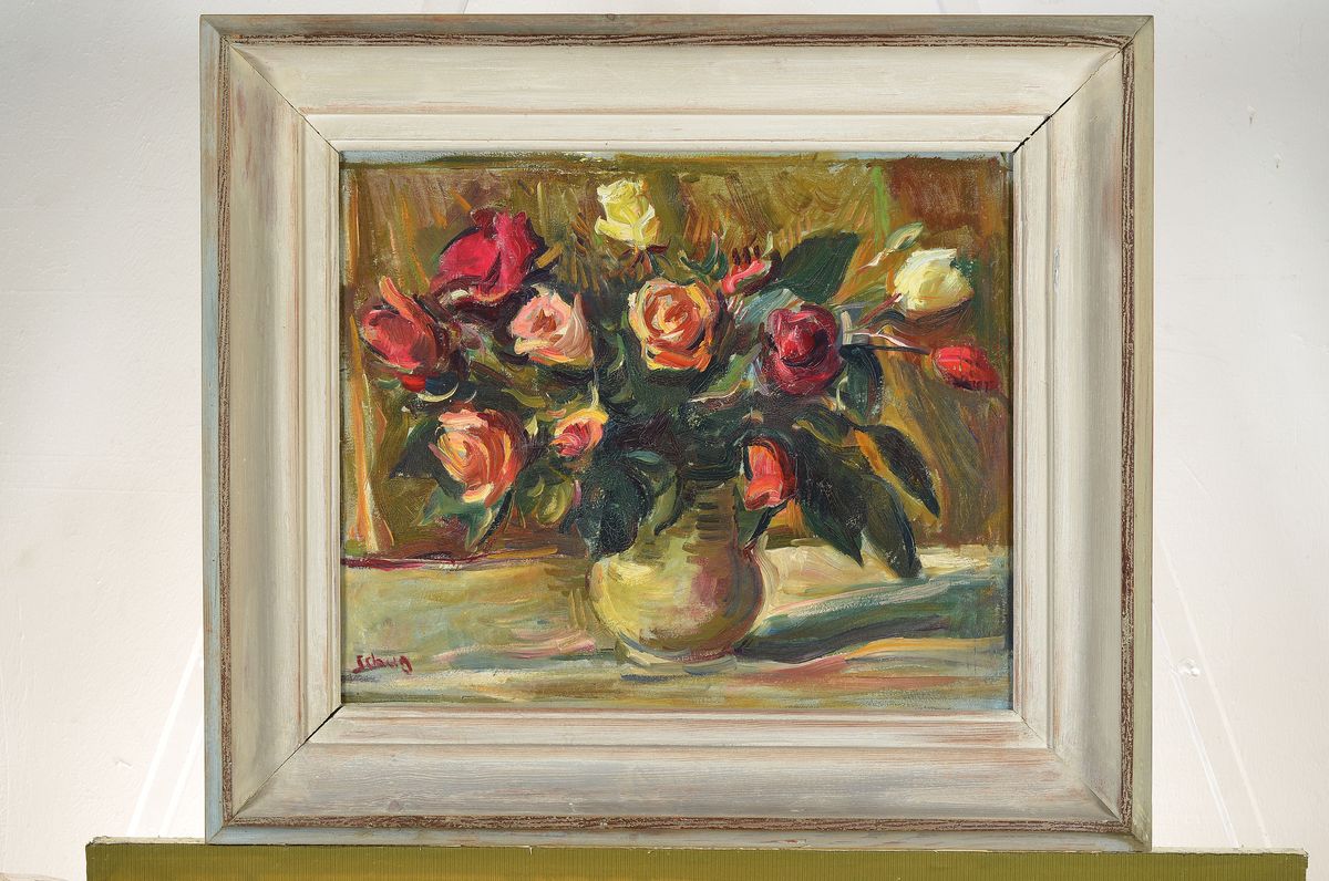 Detail k: Erich Schug, 1906 Ludwigshafen-1982 Bad Dürkheim, Stillleben mit Rosen, Öl/Lwd, links unten signiert, ca. 38x46cm, R. ca. 53x60cm