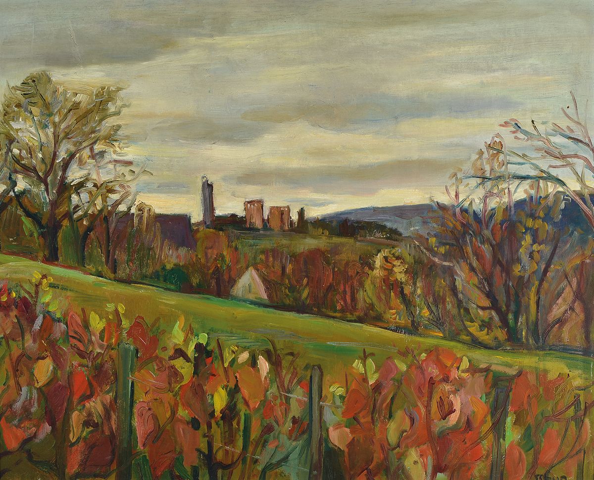Erich Schug, 1906 Ludwigshafen-1982 Bad Dürkheim, Blick auf die Limburg, Öl/Hartfaser, rechts unten signiert, ca. 65x80cm, R. ca. 71x86cm
