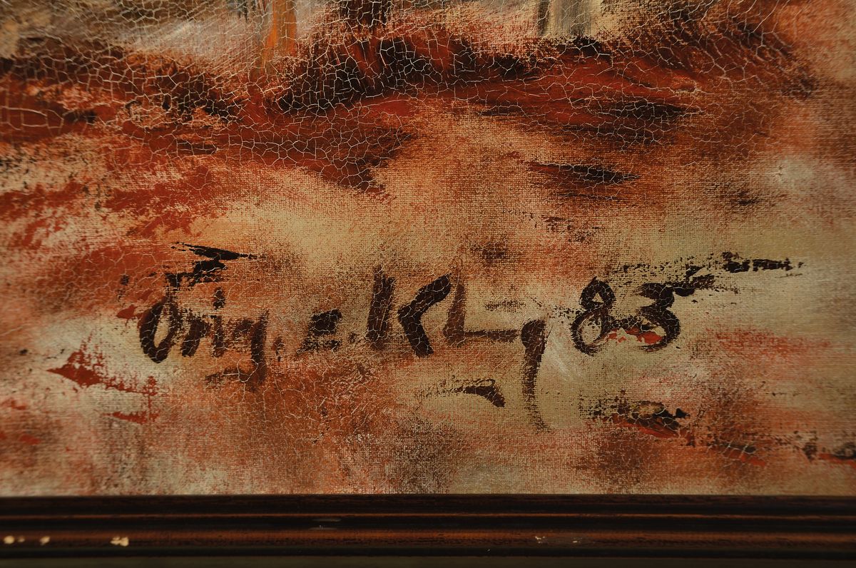 Detail a: Eduard Klug, geb. 1924 Deidesheim, Schäfer mit Hund und seiner Herde, Öl/Lwd, rechts unten signiert: Orig. E. Klug, ca. 80x100cm, R. ca. 88x108cm