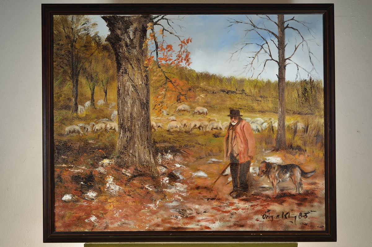 Detail k: Eduard Klug, geb. 1924 Deidesheim, Schäfer mit Hund und seiner Herde, Öl/Lwd, rechts unten signiert: Orig. E. Klug, ca. 80x100cm, R. ca. 88x108cm