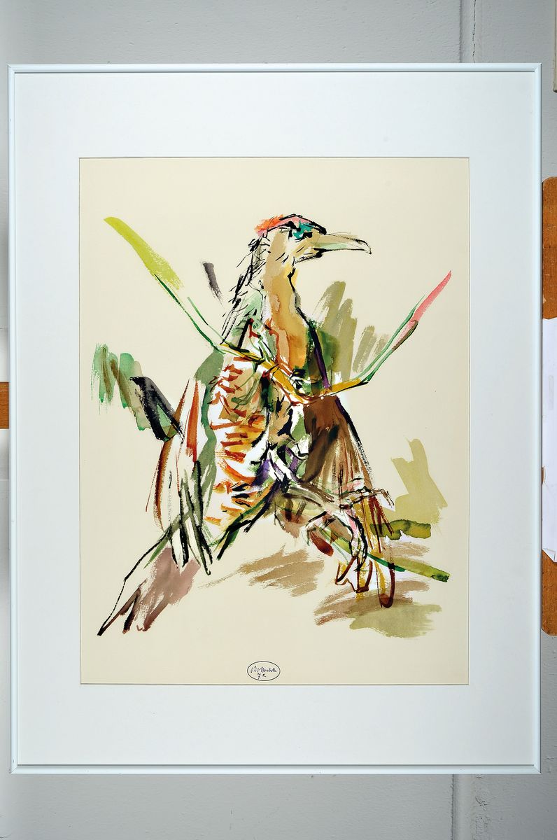 Detail k: Oskar Kokoschka, 1886-1980, Der Specht, Farblithographie von 1972, mittig unten Signaturstempel, ca. 45.5x38cm, PP, u.Gl., R. ca. 77x57cm