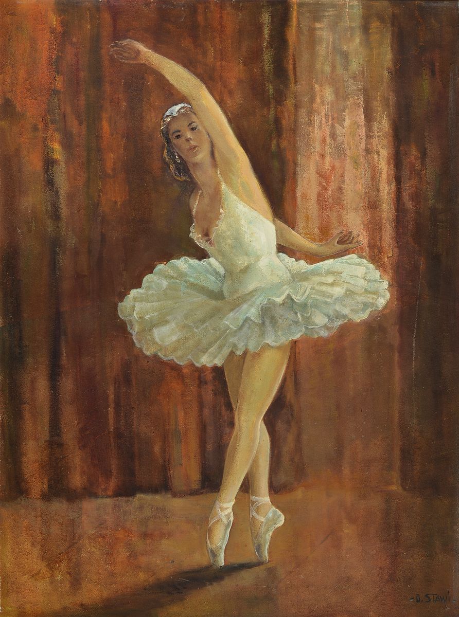 Ottmar Stawinoga, genannt Stawi, 1924 Beuthen-1980 Karlsruhe, Prima Ballerina, Öl/Lwd, rest., rechts unten signiert, ca. 100x75cm, R. ca. 114x89cm