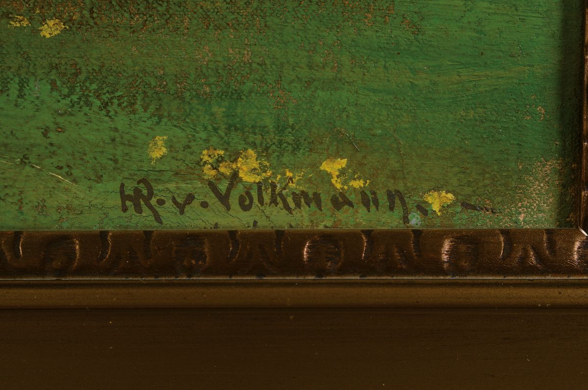 Detail a: Hans Richard von Volkmann, 1860-1927 Halle, "Rauschender Buchenwald", rückseitig auf Etikett der Kunsthandlung Schaller Stuttgart so ...