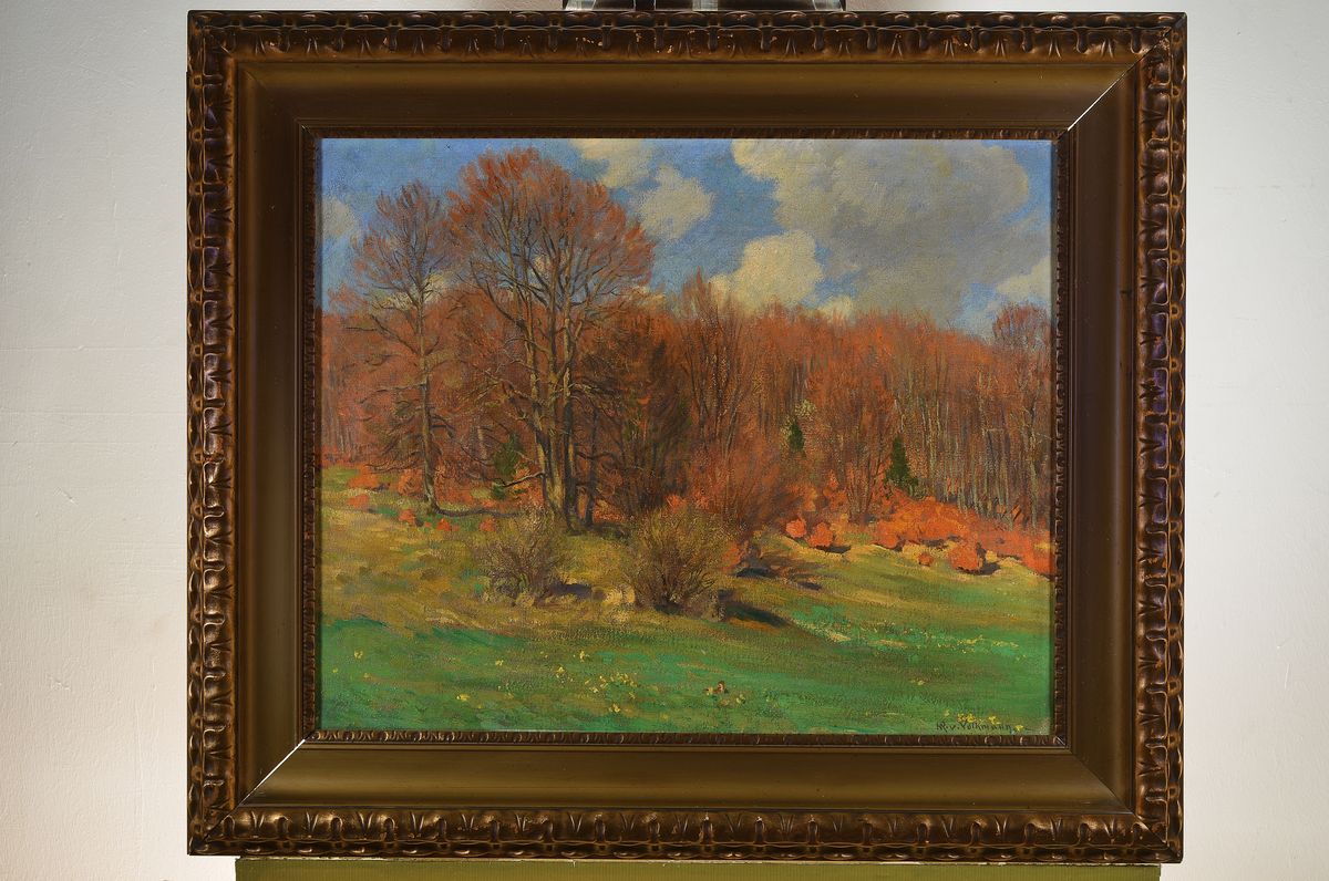 Detail k: Hans Richard von Volkmann, 1860-1927 Halle, "Rauschender Buchenwald", rückseitig auf Etikett der Kunsthandlung Schaller Stuttgart so ...