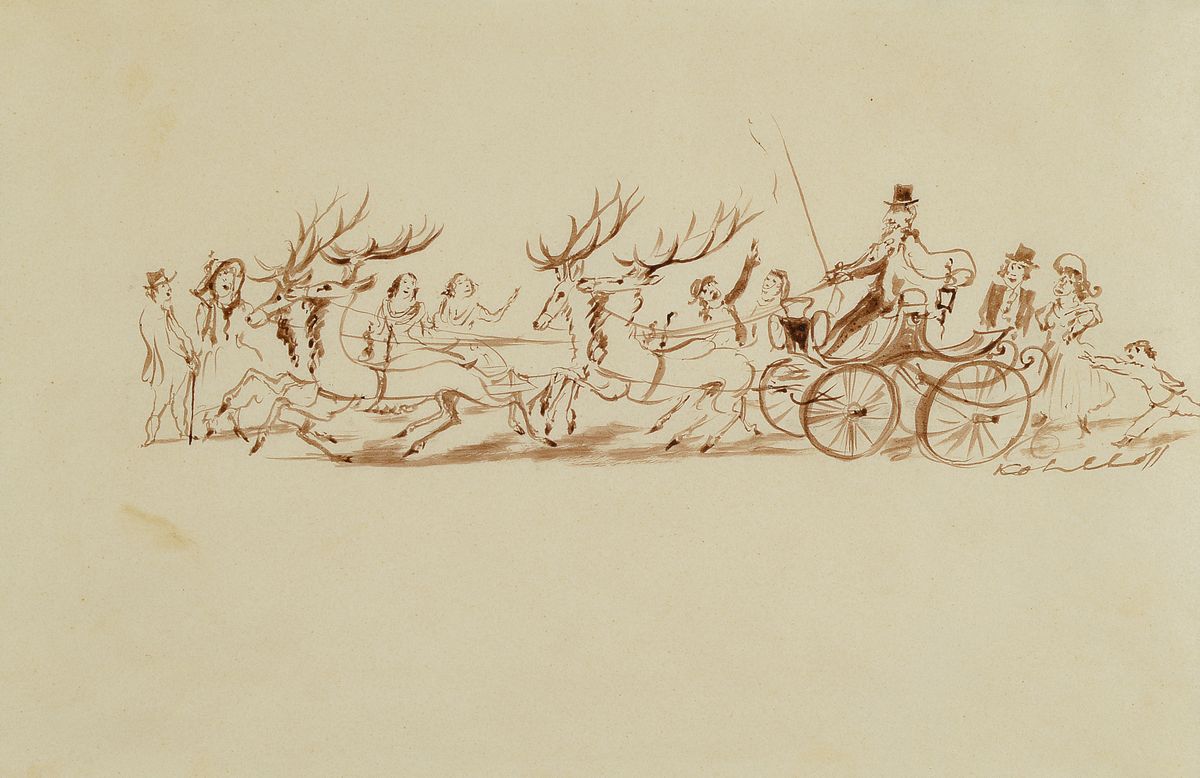 Wilhelm Kohlhoff, 1893 Berlin-1971 Schweinfurth, braune Tuschfederzeichnung, Rentierschlitten und Personen, rechts unten signiert, ca. 10x28cm, PP ...