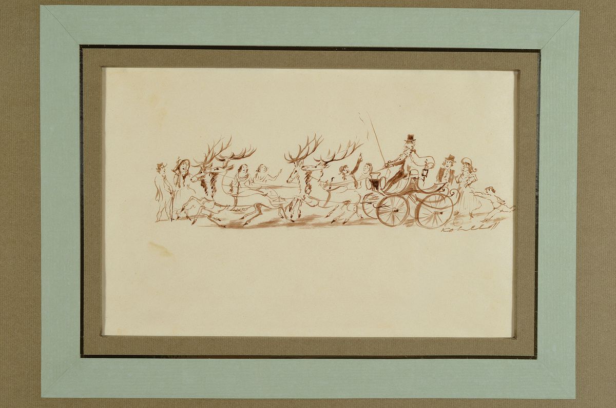 Detail k: Wilhelm Kohlhoff, 1893 Berlin-1971 Schweinfurth, braune Tuschfederzeichnung, Rentierschlitten und Personen, rechts unten signiert, ca. 10x28cm, PP ...