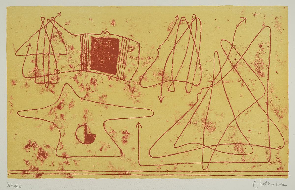 Farid Belkahia, 1934-2014 Marokko, Ohne Titel, Farblithographie, handsigniert, num. 144/150, ca. 40x65cm, PP, u.Gl., R. ca. 75x104cm, Rahmen besch.