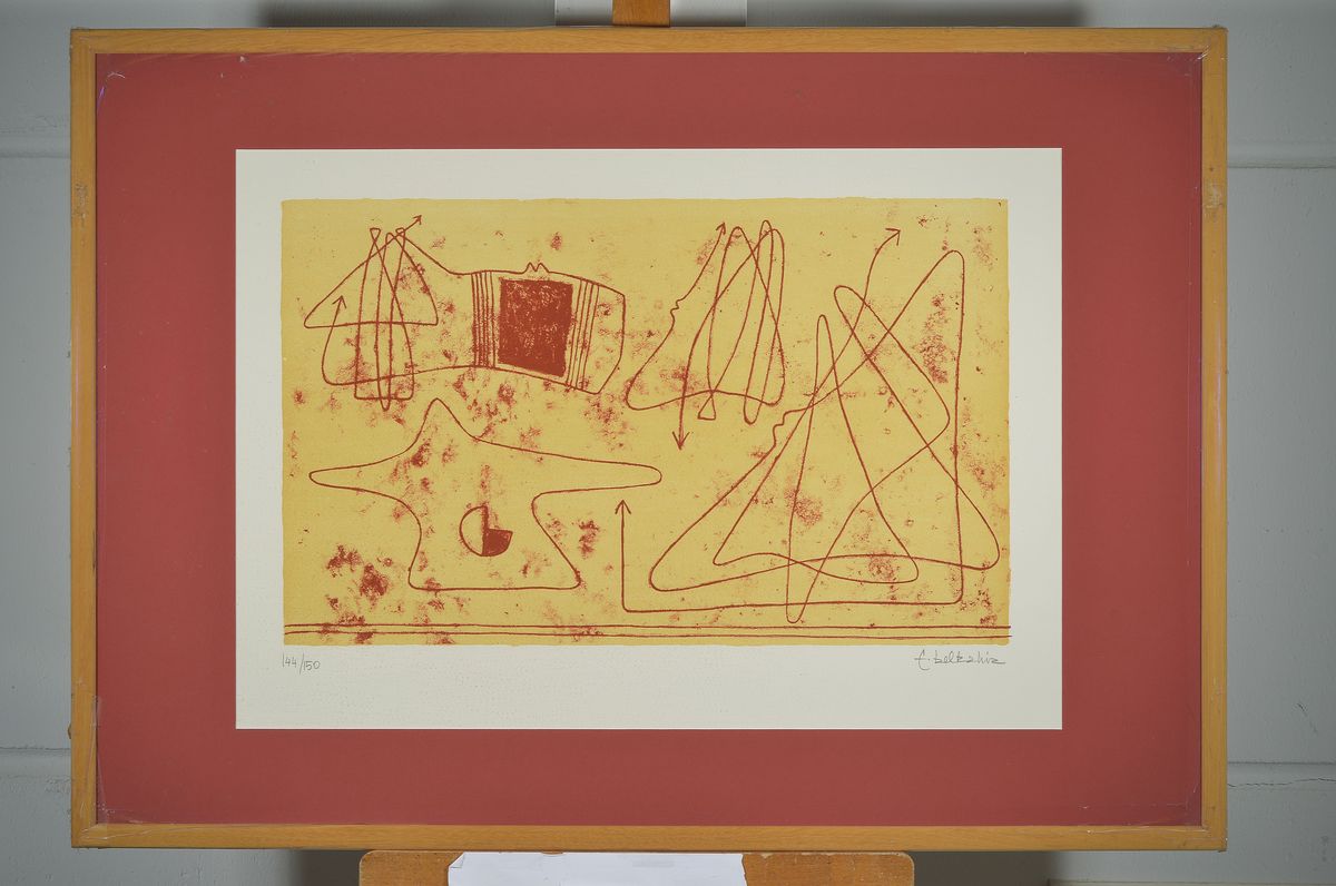 Detail k: Farid Belkahia, 1934-2014 Marokko, Ohne Titel, Farblithographie, handsigniert, num. 144/150, ca. 40x65cm, PP, u.Gl., R. ca. 75x104cm, Rahmen besch.