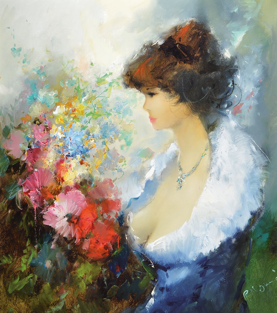 Ingfried Paul Henze-Morro, genannt Paul Morro,1925 Leipzig-2013, Junge Frau mit Blumenbukett, Öl/Lwd, rechts unten signiert, ca. 80x70cm, R. ca. ...