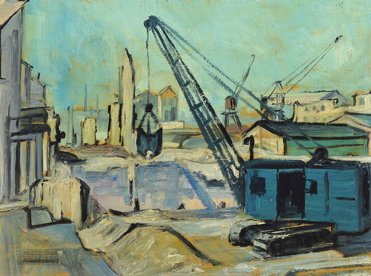 Karl Unverzagt, 1915-2007 Grünstadt, Ansicht einer Großbaustelle, wohl in Ludwigshafen, Öl auf Sperrholz, unsigniert, ca. 37x49.5cm, R. ca. ...