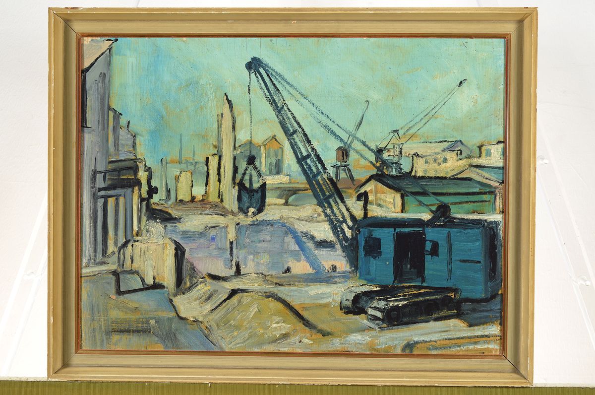 Detail k: Karl Unverzagt, 1915-2007 Grünstadt, Ansicht einer Großbaustelle, wohl in Ludwigshafen, Öl auf Sperrholz, unsigniert, ca. 37x49.5cm, R. ca. ...