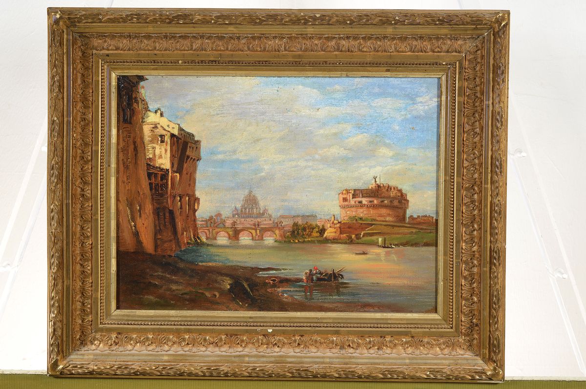 Detail k: Unbekannter Künstler, deutsch, 2. Hälfte 19. Jh., Blick auf Engelsburg und Petersdom, Öl/Lwd, ca. 28x38cm, R. ca. 41x51cm