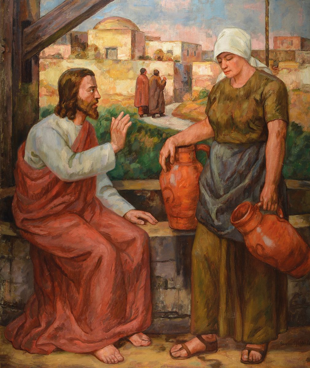 Erwin Pfefferle, 1880-1962 Untermünstertal im Breisgau, Jesus und Maria Magdalena am Brunnen, Öl/Lwd, rechts unten signiert, ca. 116x97cm, R. ca. ...