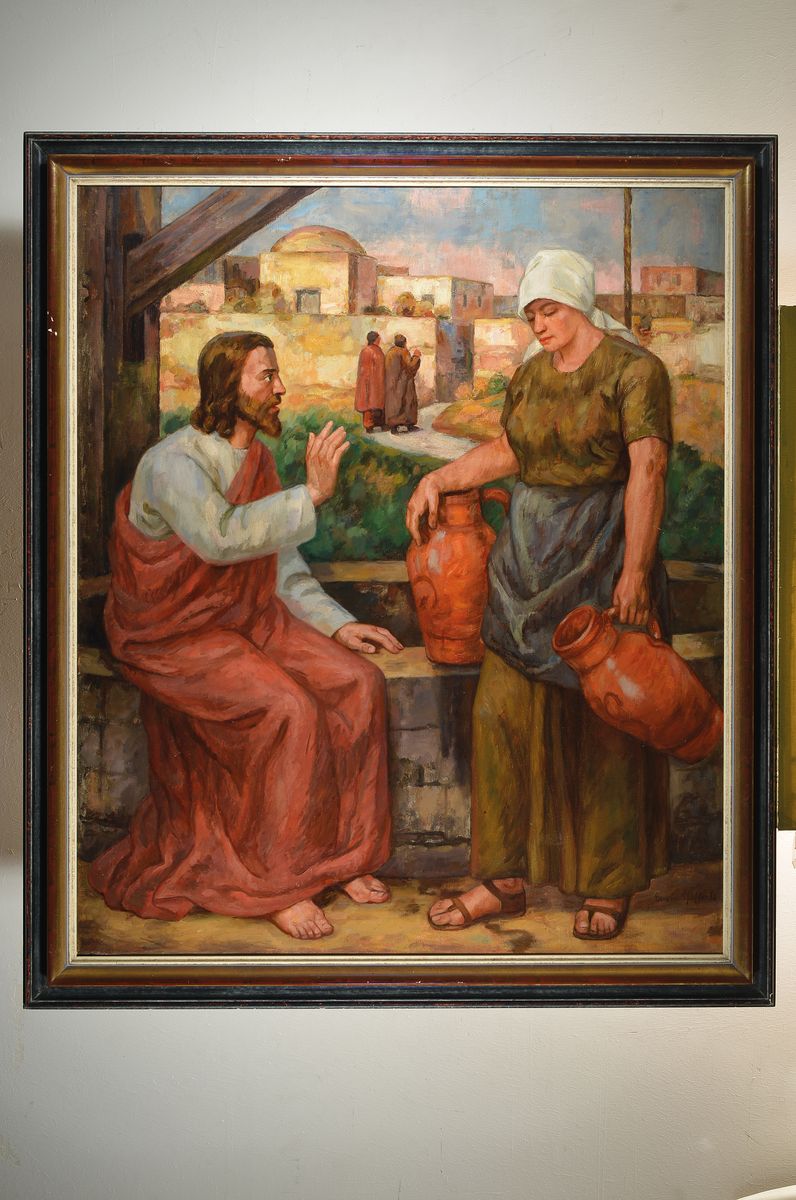 Detail k: Erwin Pfefferle, 1880-1962 Untermünstertal im Breisgau, Jesus und Maria Magdalena am Brunnen, Öl/Lwd, rechts unten signiert, ca. 116x97cm, R. ca. ...