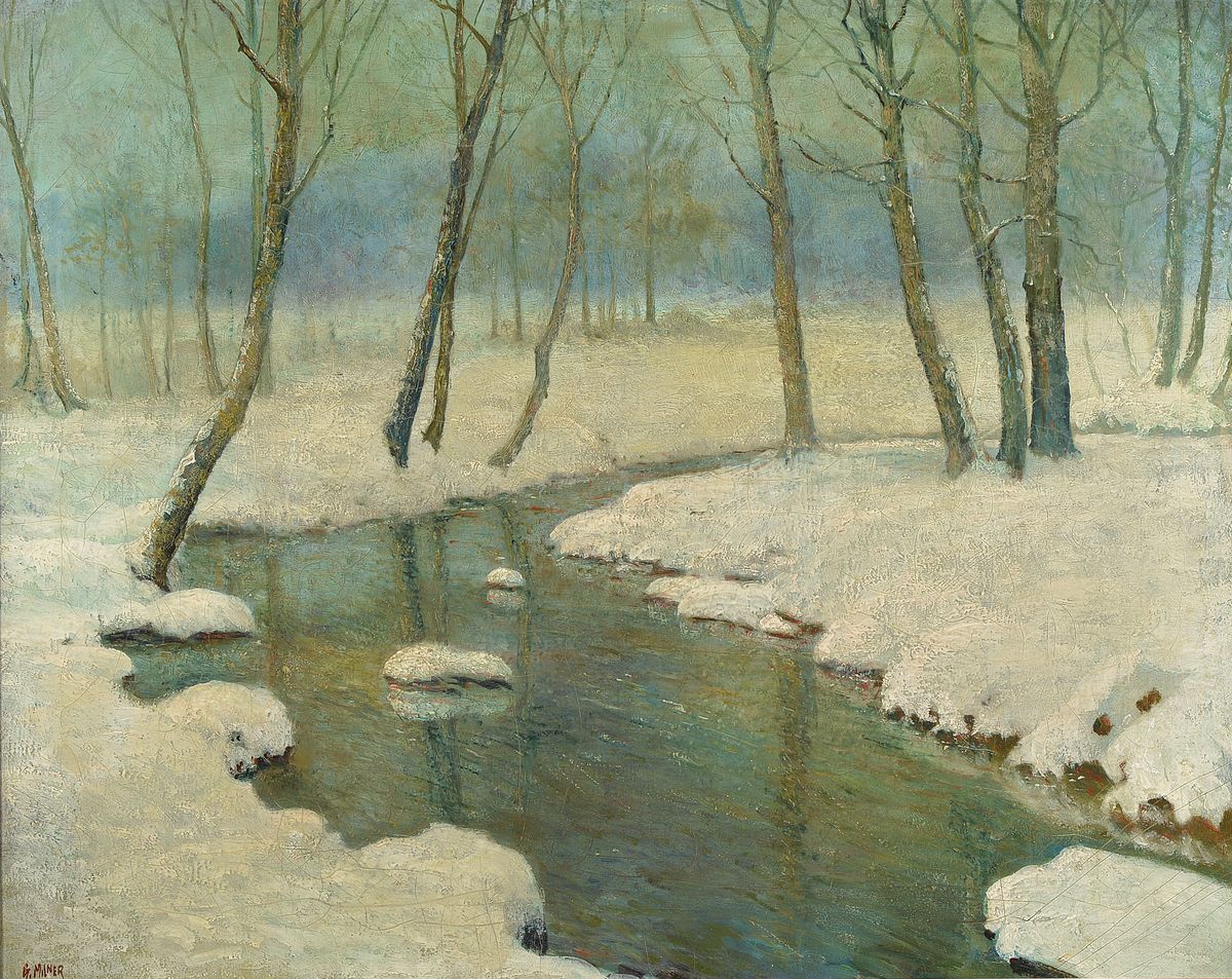 G. Milner, Maler um 1900, Verschneite Waldlandschaft mit Bachlauf, Öl/Lwd, links unten signiert, krakeliert, ca. 60x76cm, R. ca. 73x88cm