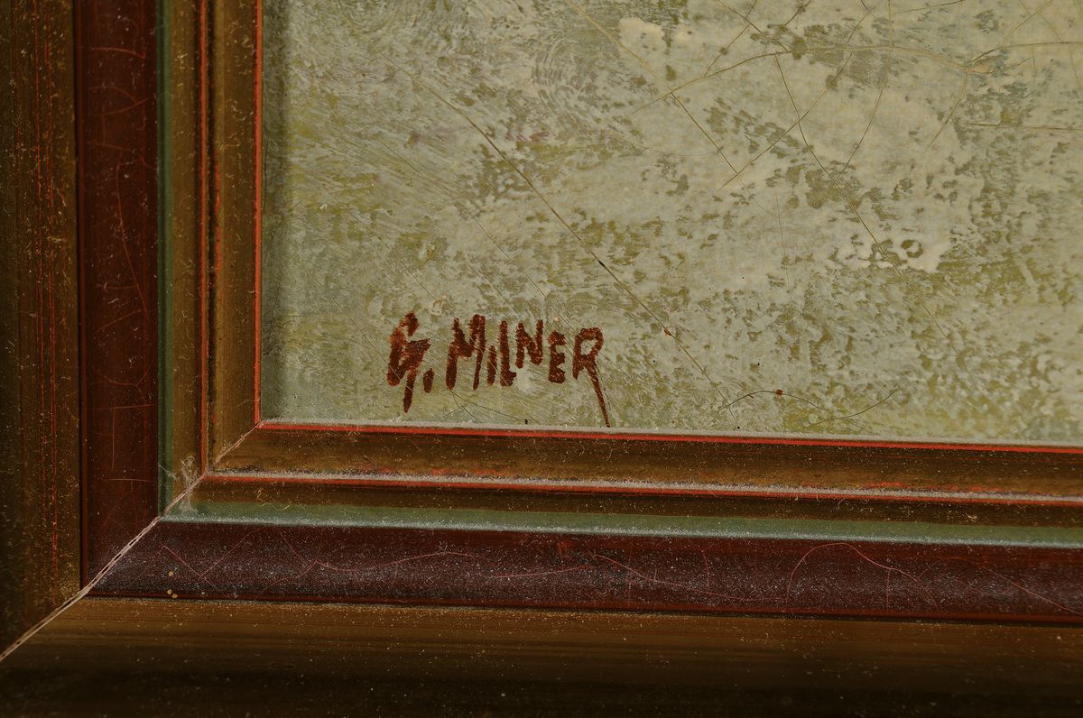 Detail a: G. Milner, Maler um 1900, Verschneite Waldlandschaft mit Bachlauf, Öl/Lwd, links unten signiert, krakeliert, ca. 60x76cm, R. ca. 73x88cm