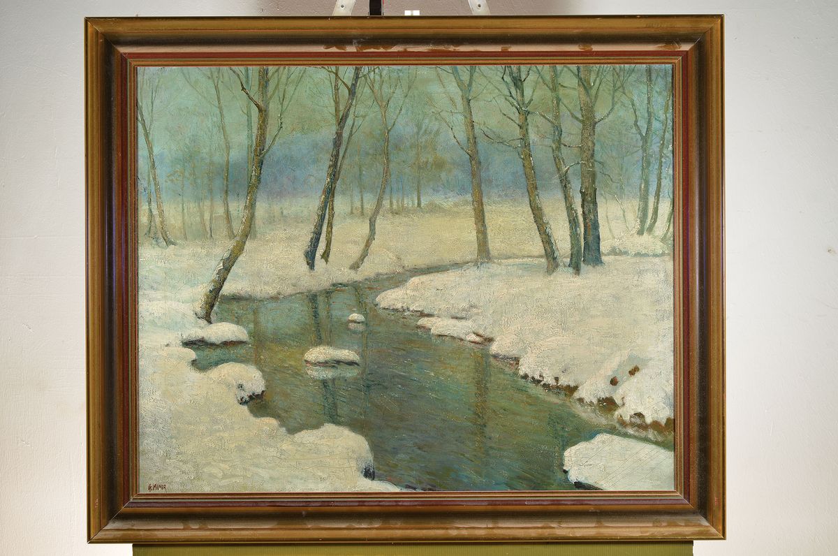 Detail k: G. Milner, Maler um 1900, Verschneite Waldlandschaft mit Bachlauf, Öl/Lwd, links unten signiert, krakeliert, ca. 60x76cm, R. ca. 73x88cm