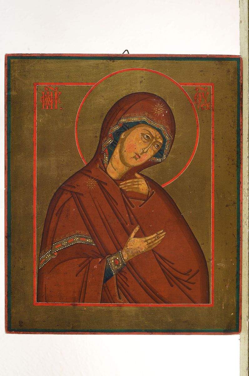 Detail k: Ikone, Russland, 2. Hälfte 19. Jh., Mutter Gottes, Tempera auf Holz, goldgrundig, ca. 25x21cm