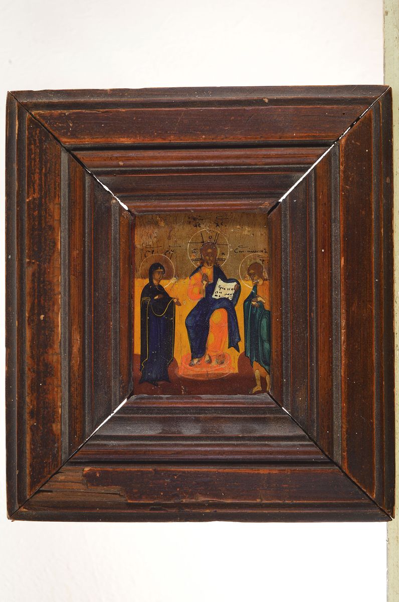 Detail k: Kleine Ikone, Russland, 2. Hälfte 19. Jh., Kleine Deesis, Tempera auf Holz, leichte Oberflächenschäden, ca. 11x8.5cm, R.