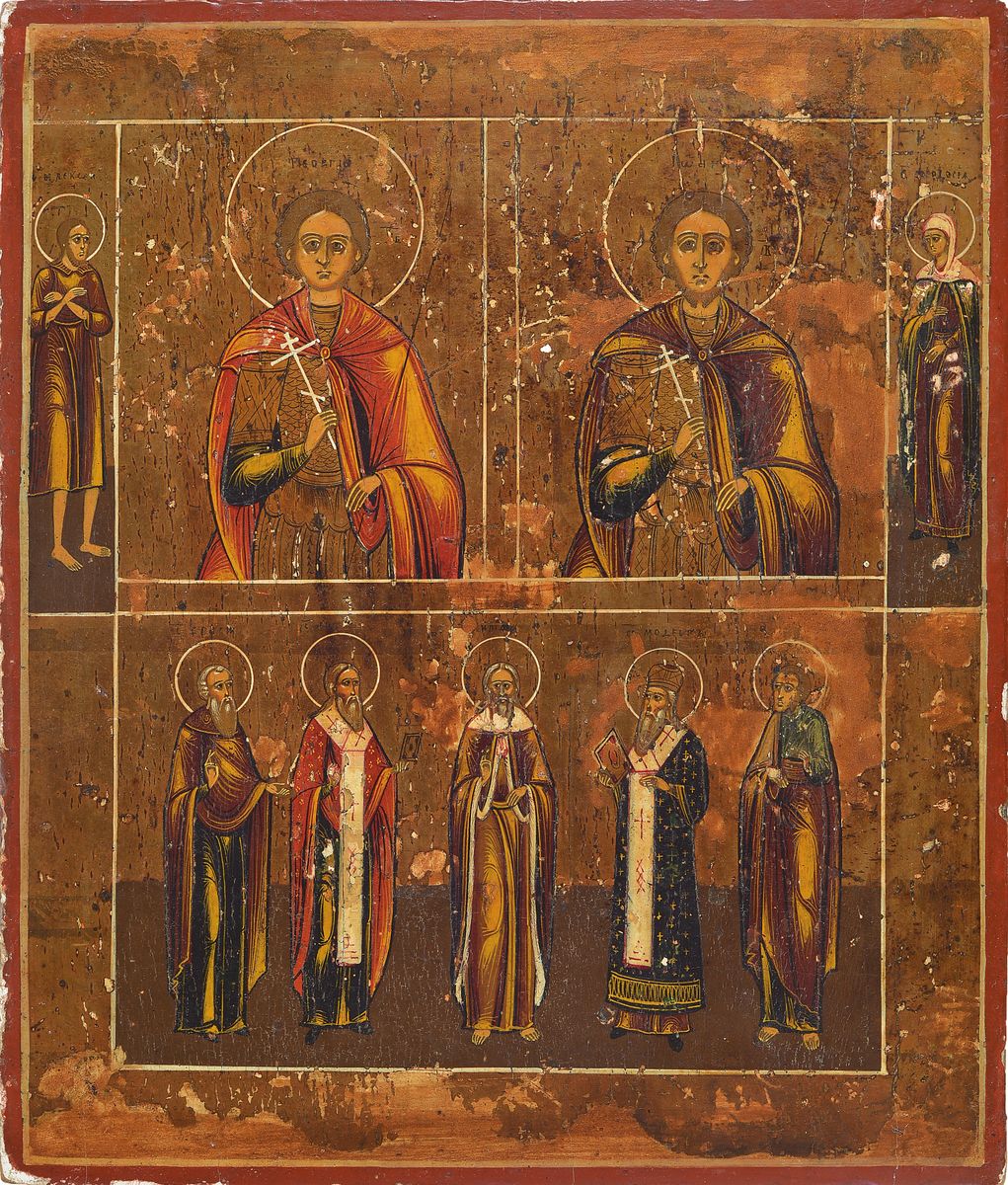 Dreifelderikone, Russland, 2. Hälfte 19. Jh., Darst. verschiedener Heiliger, Tempera auf Holz, goldgrundig, leichte Oberflächenschäden, ca. 22x19cm